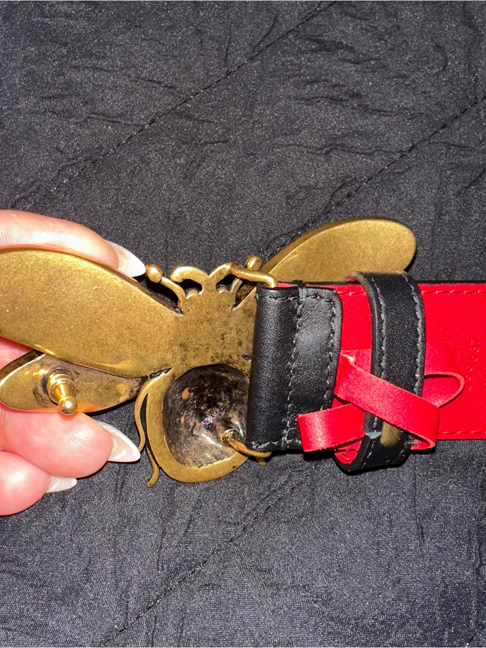 Gucci Black Leather Belt with Gold Bee Buckle and Blue & Red Accents - Picture 2 of 5